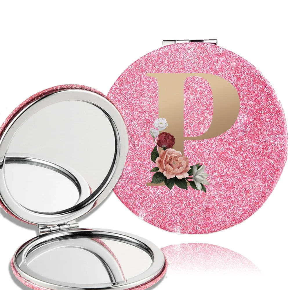 Portable Folding Shiny Double-Sided Makeup Mirror Leather Cosmetic Mirror Pocket Magnifying Hand Gold Letter Pattern Beauty Tool