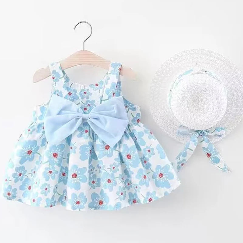 Baby Girl Dresses -Sweet Summer Floral Bow Toddler Beach Dress and Hat