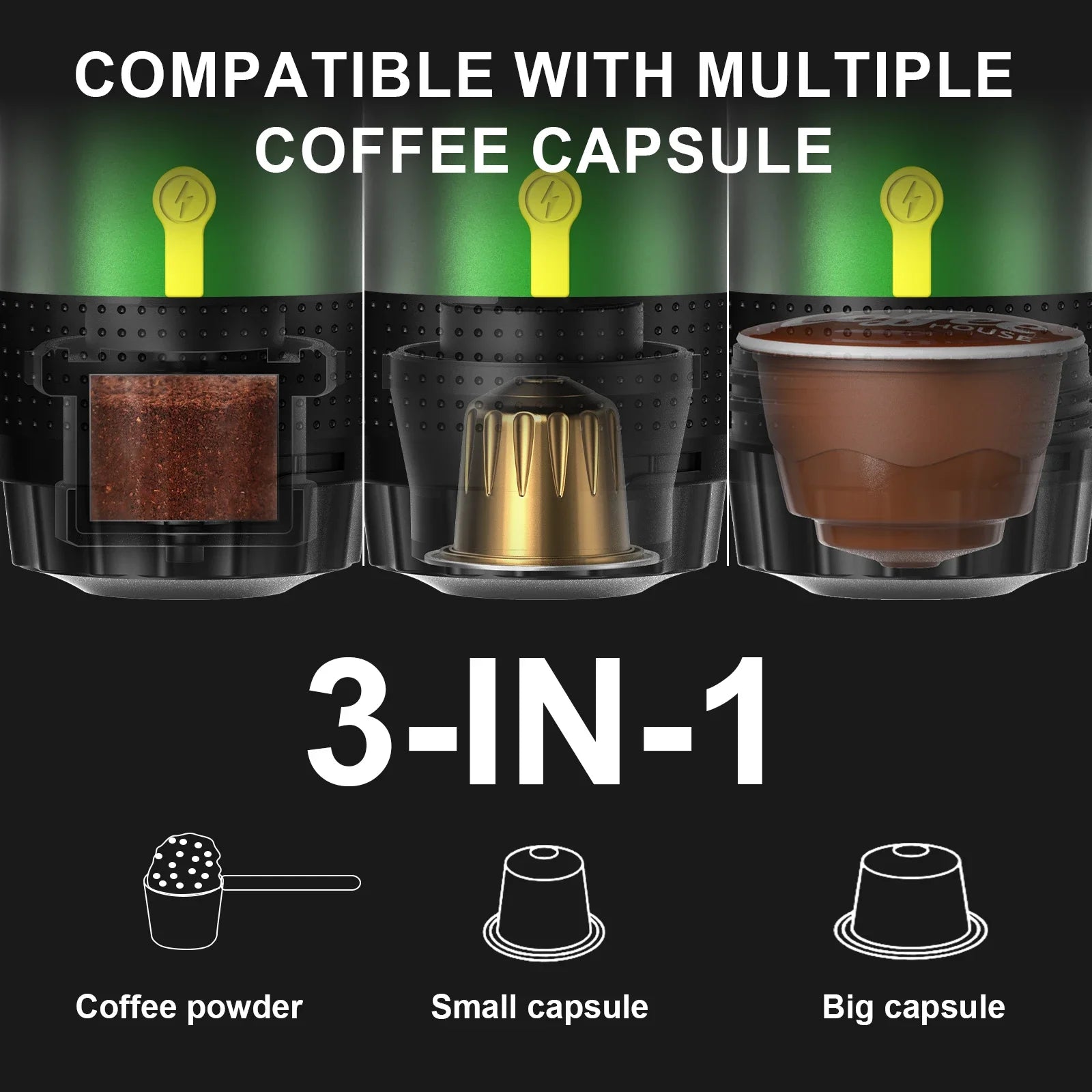 DENOKIN Electric Portable Coffee Machine Italian Espresso Machine for Car & Home 3-in-1 Capsule Powder Travel Coffee Maker
