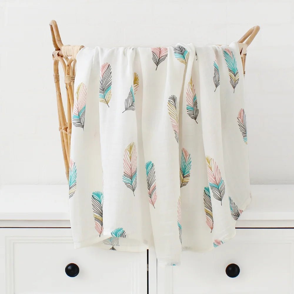 Printed Muslin Fabric Baby Blankets Wrap Eucalyptus Organic Cotton.