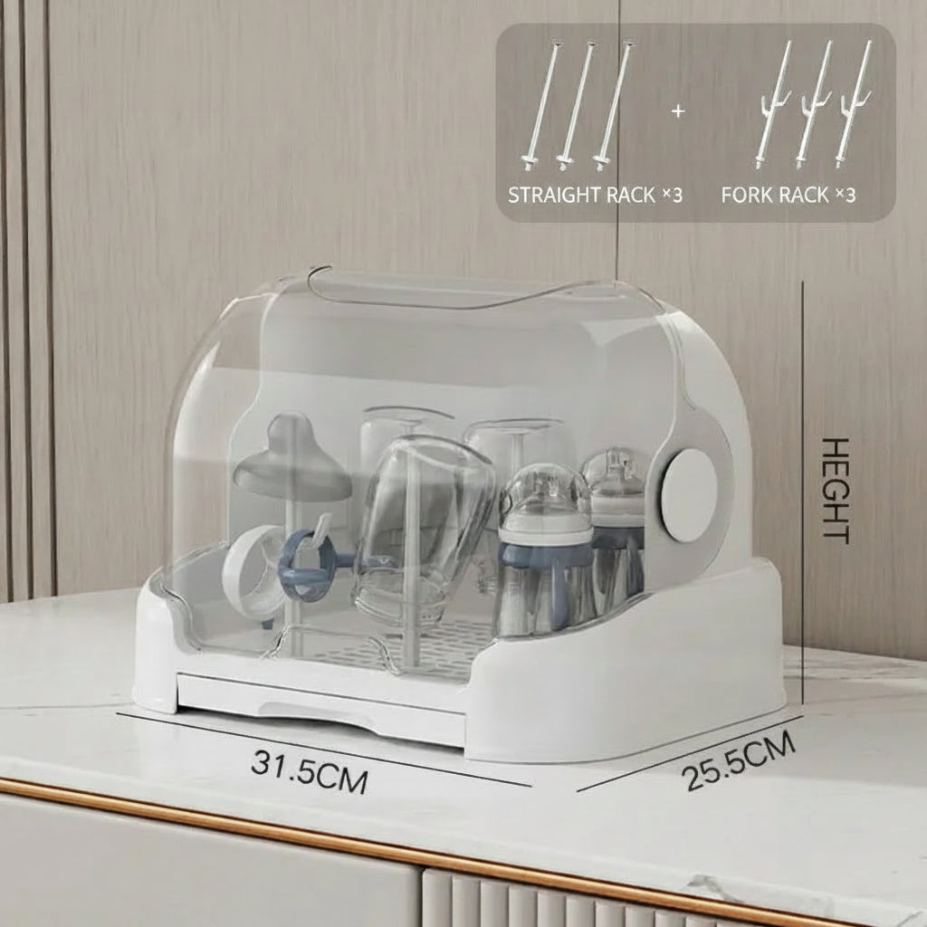 Baby Bottle Drying Rack & Organizer | Dustproof Hygienic Bottle Storage with Drip Tray