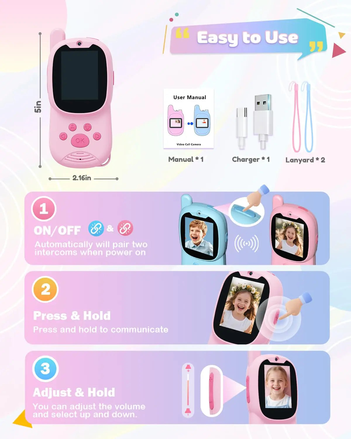 Video walkie talkies for kids,2 Pack Rechargeable Kids Walkie Talkies can send message,Christmas Birthday Gifts for kid Age 3-12