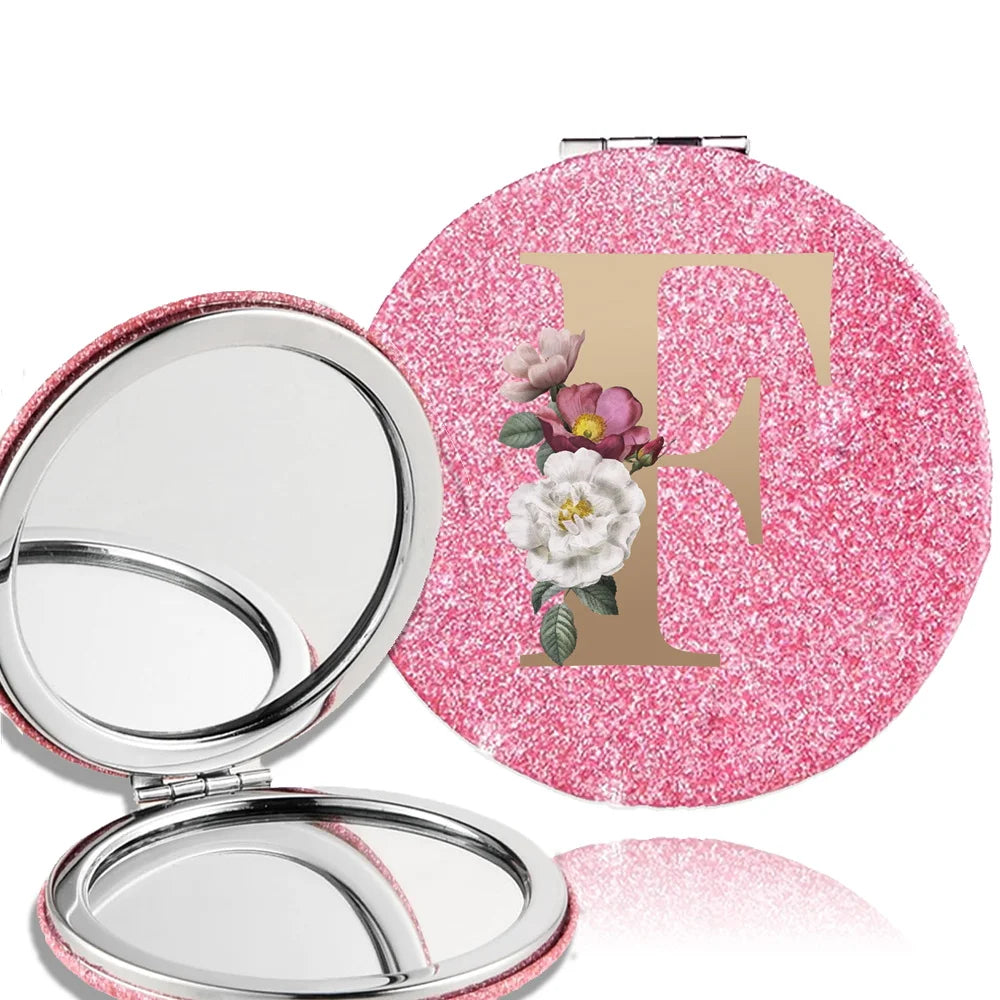 Portable Folding Shiny Double-Sided Makeup Mirror Leather Cosmetic Mirror Pocket Magnifying Hand Gold Letter Pattern Beauty Tool