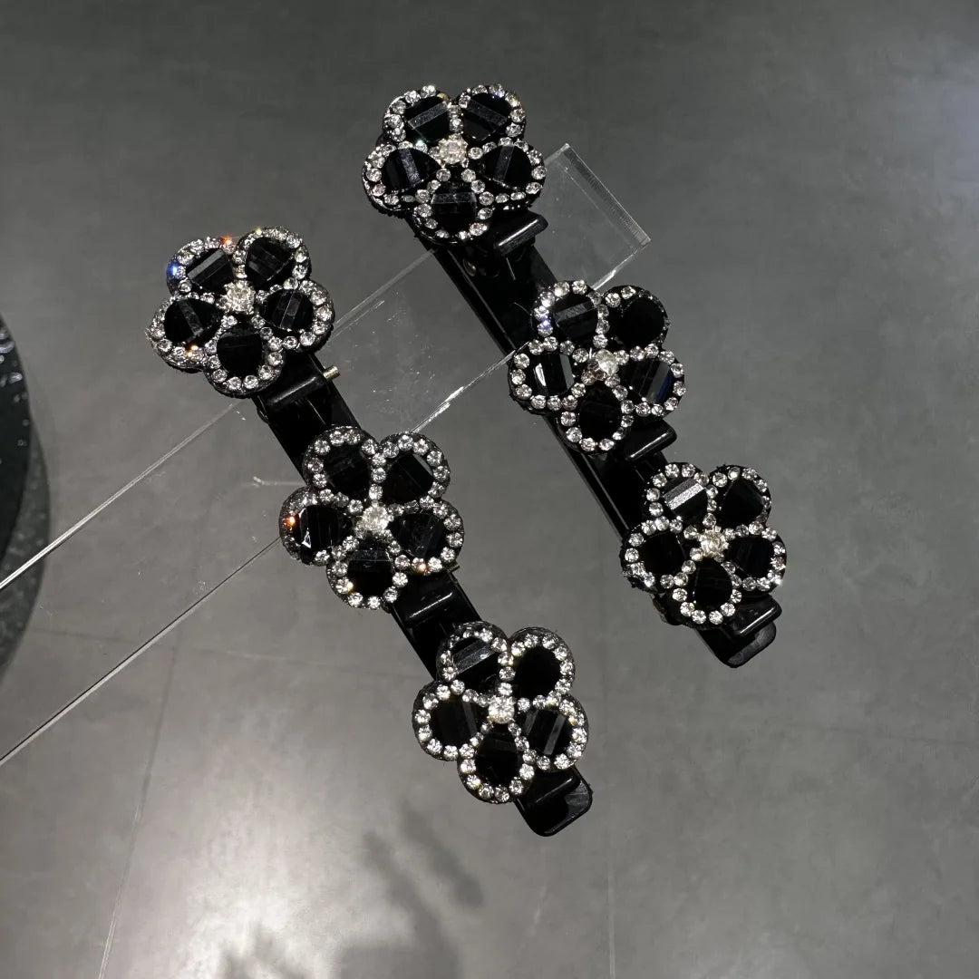 2PCS Women's Sparkling Crystal Flower Hair Clip Rhinestone Braided Hairpin Side Bangs Clip Hair Bands Shiny Elegant Hair Clip