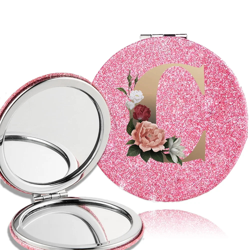 Portable Folding Shiny Double-Sided Makeup Mirror Leather Cosmetic Mirror Pocket Magnifying Hand Gold Letter Pattern Beauty Tool