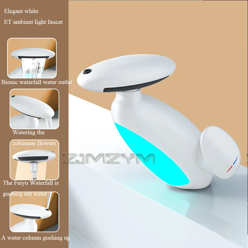 LED Waterfall Bathroom Faucet with Pull Out Sprayer, 4 Water Modes Faucet for Bathroom Sink Vanity RV, 360° Swivel Spout 1 Hole Single Handle Brass Tap