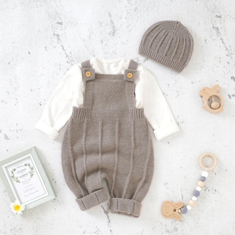 Knitted Newborn Romper-Sleeveless Strap Jumpsuit & Hat Set for Babies