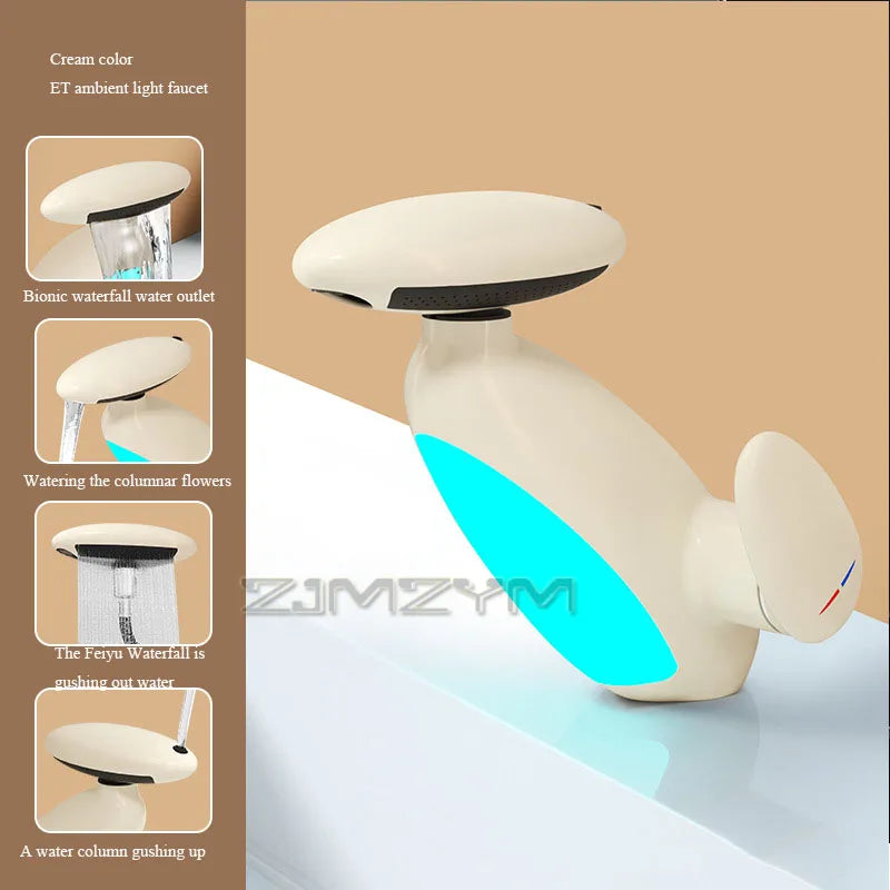 LED Waterfall Bathroom Faucet with Pull Out Sprayer, 4 Water Modes Faucet for Bathroom Sink Vanity RV, 360° Swivel Spout 1 Hole Single Handle Brass Tap