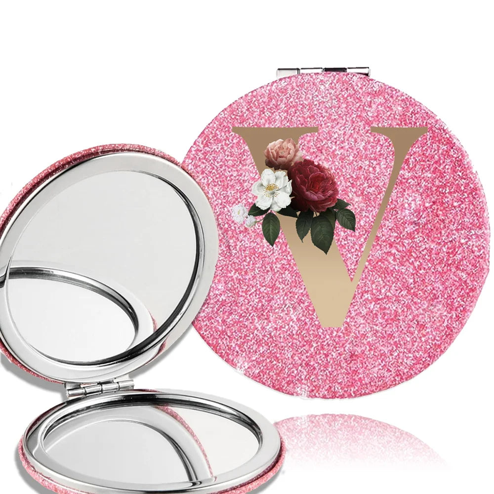 Portable Folding Shiny Double-Sided Makeup Mirror Leather Cosmetic Mirror Pocket Magnifying Hand Gold Letter Pattern Beauty Tool