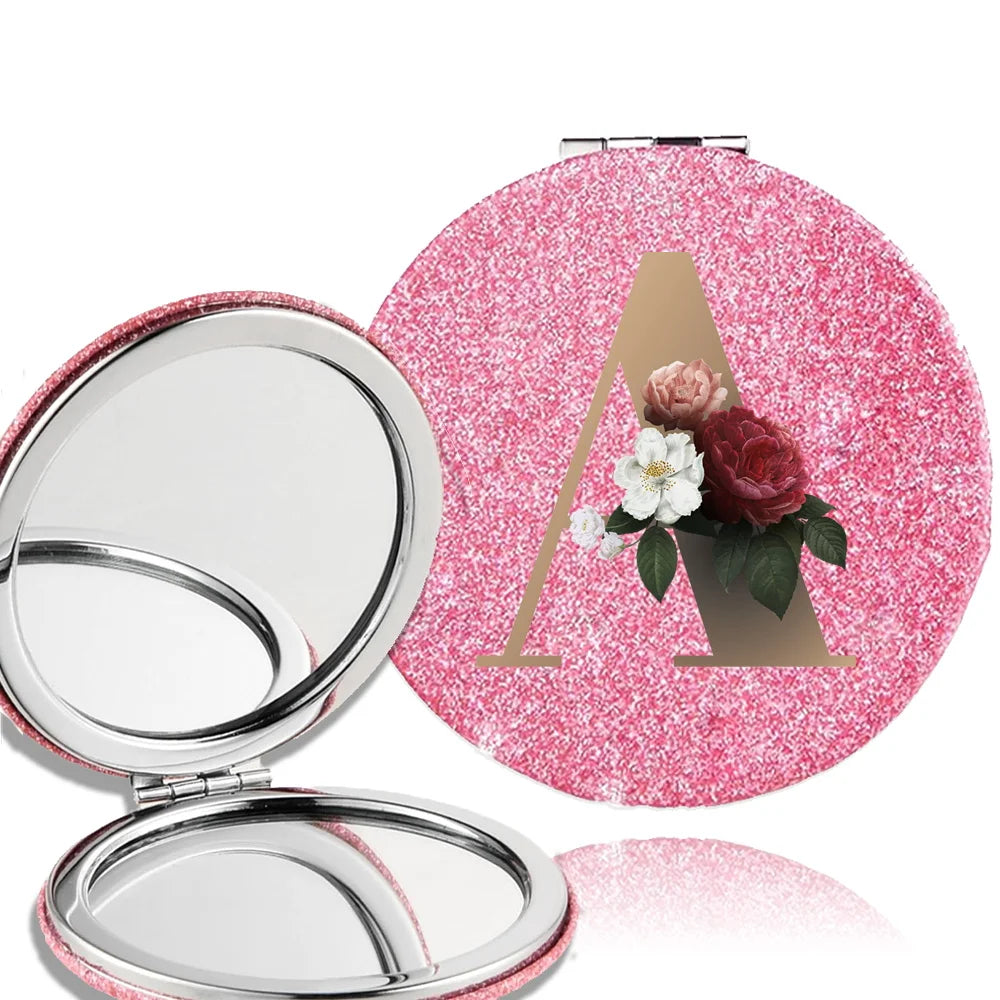 Portable Folding Shiny Double-Sided Makeup Mirror Leather Cosmetic Mirror Pocket Magnifying Hand Gold Letter Pattern Beauty Tool