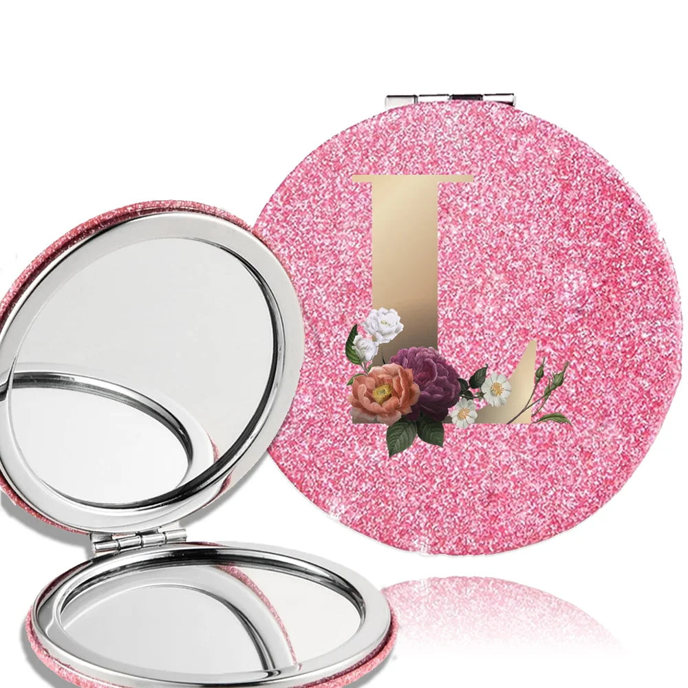 Portable Folding Shiny Double-Sided Makeup Mirror Leather Cosmetic Mirror Pocket Magnifying Hand Gold Letter Pattern Beauty Tool