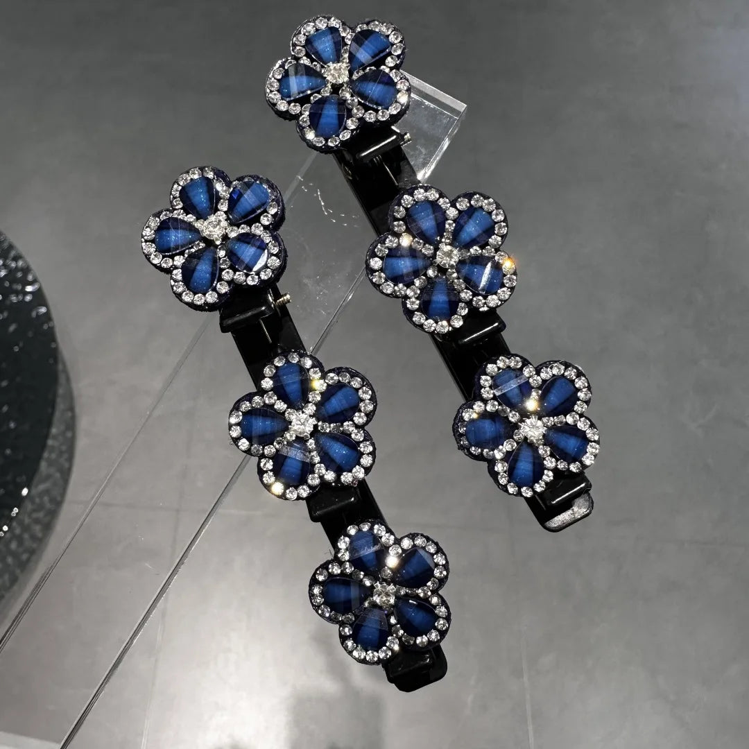 2PCS Women's Sparkling Crystal Flower Hair Clip Rhinestone Braided Hairpin Side Bangs Clip Hair Bands Shiny Elegant Hair Clip