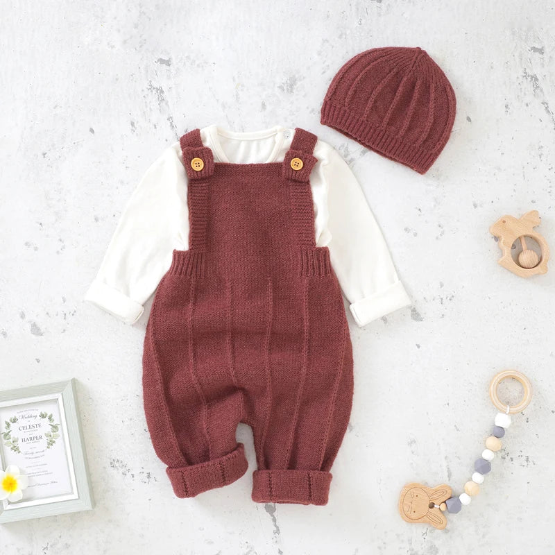 Knitted Newborn Romper-Sleeveless Strap Jumpsuit & Hat Set for Babies